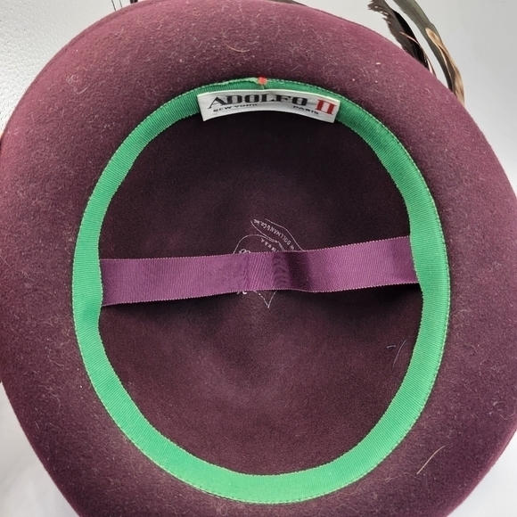 Vintage Adolfo II Wine Brimmed Fedora with Feather - Picture 5 of 8